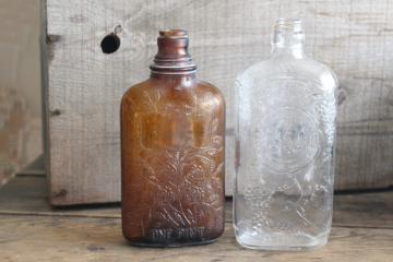 catalog photo of old glass liquor bottles, fancy embossed pattern glass wine & whiskey bottle flasks