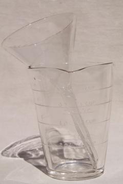 catalog photo of old glass measure measuring beaker & glass funnel, vintage kitchen glass or lab glassware