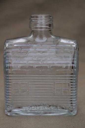 photo of old glass syrup bottle, barn or cabin house figural glass bottle #2