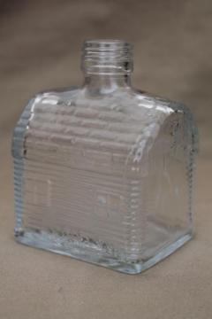 catalog photo of old glass syrup bottle, barn or cabin house figural glass bottle