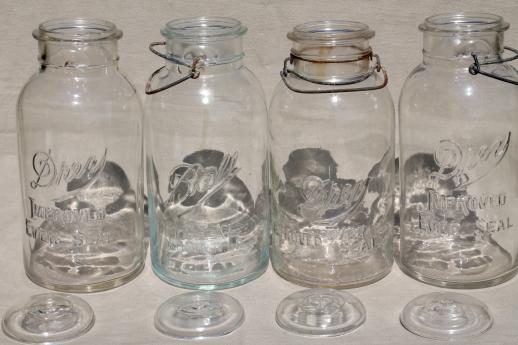 photo of old glass two quart canning jars, vintage wire bail lid fruit jar canisters #2