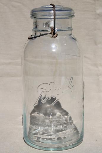 photo of old glass two quart canning jars, vintage wire bail lid fruit jar canisters #4