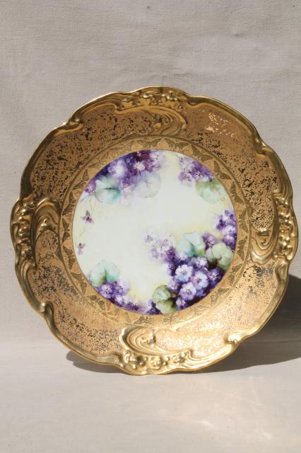 photo of old gold encrusted china charger plate w/ hand-painted violets, vintage Limoges porcelain tray #1
