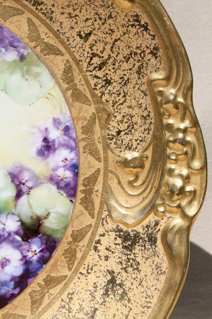 photo of old gold encrusted china charger plate w/ hand-painted violets, vintage Limoges porcelain tray #3