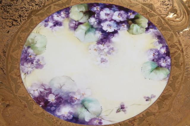 photo of old gold encrusted china charger plate w/ hand-painted violets, vintage Limoges porcelain tray #7