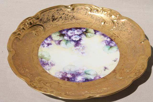 photo of old gold encrusted china charger plate w/ hand-painted violets, vintage Limoges porcelain tray #8