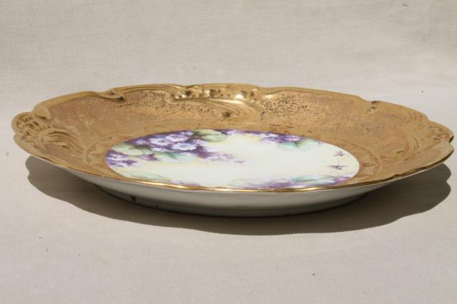 photo of old gold encrusted china charger plate w/ hand-painted violets, vintage Limoges porcelain tray #9