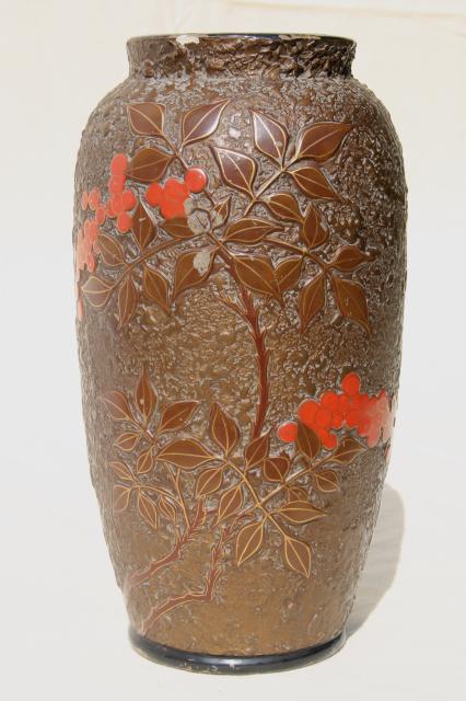 photo of old gold orange bittersweet berries vase, lacquer painted ceramic vintage Made in Japan #1