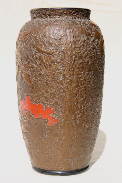 photo of old gold orange bittersweet berries vase, lacquer painted ceramic vintage Made in Japan #2