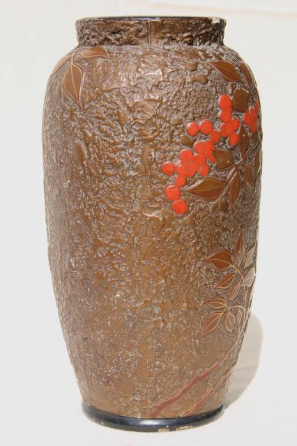 photo of old gold orange bittersweet berries vase, lacquer painted ceramic vintage Made in Japan #4