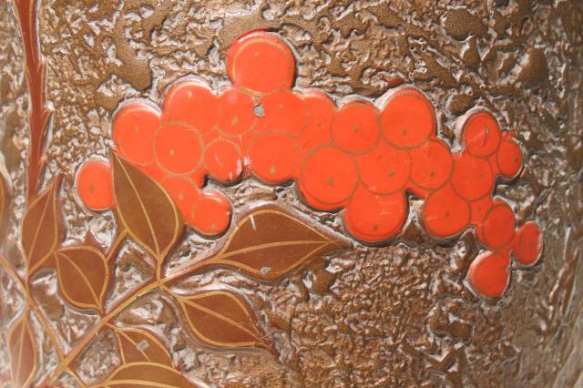 photo of old gold orange bittersweet berries vase, lacquer painted ceramic vintage Made in Japan #5