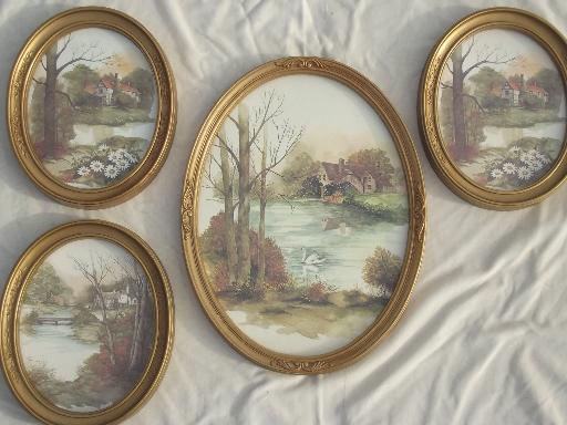 photo of old gold oval frames w/ pastoral cottage scene watercolor prints, vintage framed art #1