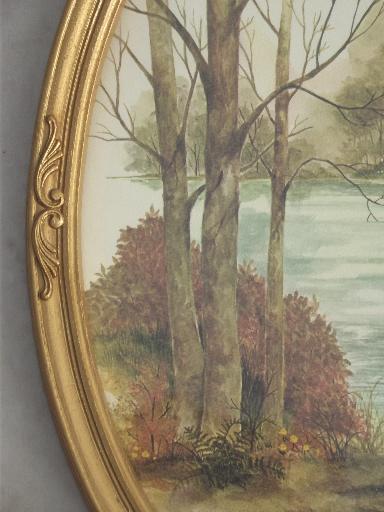 photo of old gold oval frames w/ pastoral cottage scene watercolor prints, vintage framed art #4
