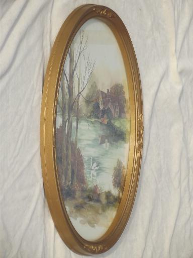 photo of old gold oval frames w/ pastoral cottage scene watercolor prints, vintage framed art #5
