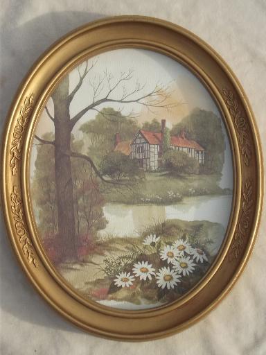 photo of old gold oval frames w/ pastoral cottage scene watercolor prints, vintage framed art #6