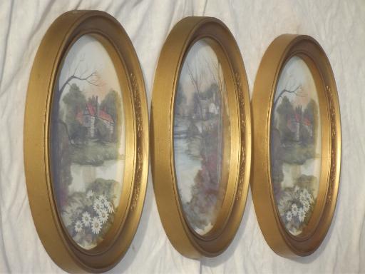 photo of old gold oval frames w/ pastoral cottage scene watercolor prints, vintage framed art #9