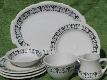 catalog photo of old gothic black scroll white ironstone, vintage Homer Laughlin china