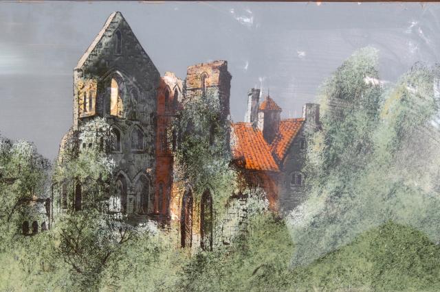 photo of old gothic manor moonlit castle landscape, reverse painted glass picture in shabby antique frame #3