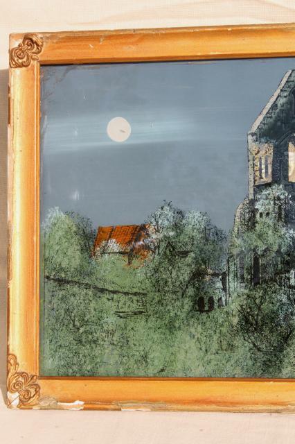 photo of old gothic manor moonlit castle landscape, reverse painted glass picture in shabby antique frame #4