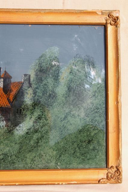 photo of old gothic manor moonlit castle landscape, reverse painted glass picture in shabby antique frame #5