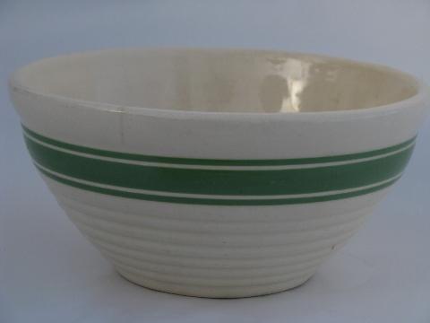 photo of old green banded pottery mixing bowl, vintage USA Oven Proof kitchenware #1