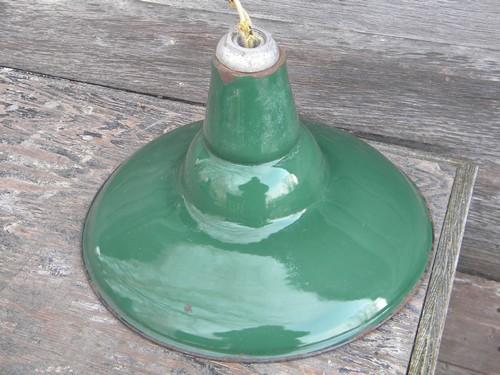 photo of old green enamel pendant lights, industrial work shop/barn lighting #2