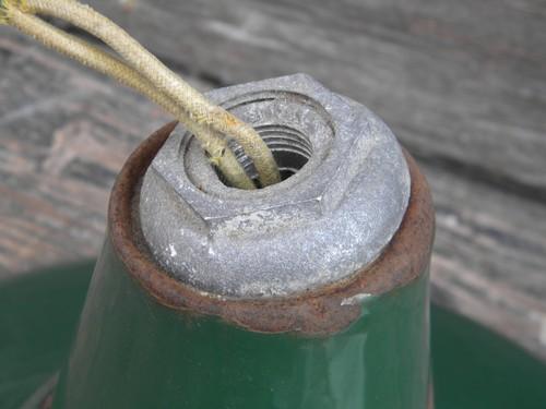 photo of old green enamel pendant lights, industrial work shop/barn lighting #8