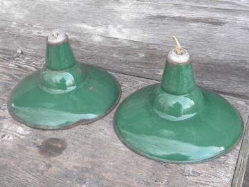 catalog photo of old green enamel pendant lights, industrial work shop/barn lighting