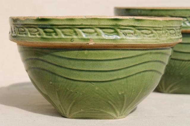 photo of old green glaze yellow ware pottery mixing bowls, pine branch pattern stoneware bowl nest #7