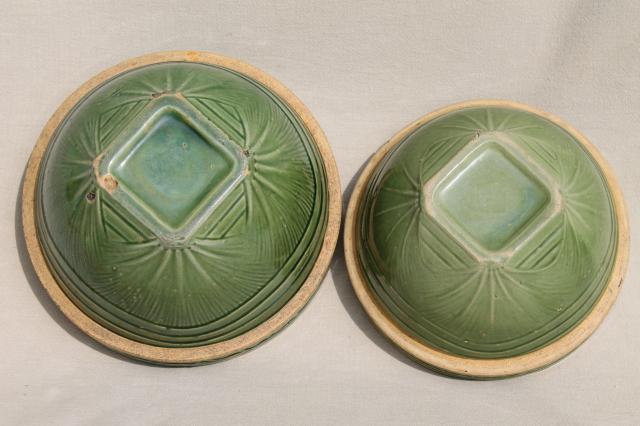 photo of old green glaze yellow ware pottery mixing bowls, pine branch pattern stoneware bowl nest #12