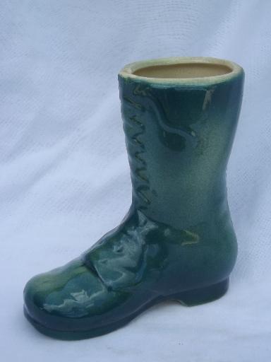 photo of old green glazed yellow ware pottery boot flower planter vase, Shawnee? #2