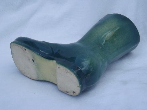 photo of old green glazed yellow ware pottery boot flower planter vase, Shawnee? #4