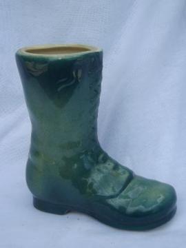 catalog photo of old green glazed yellow ware pottery boot flower planter vase, Shawnee?