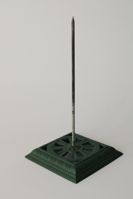 photo of old green metal desk stand paper spindle, vintage paper spike  #1