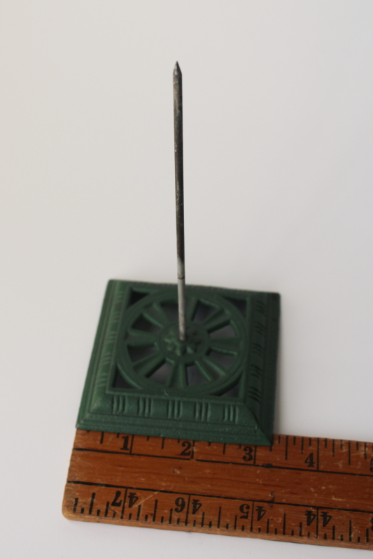 photo of old green metal desk stand paper spindle, vintage paper spike  #2