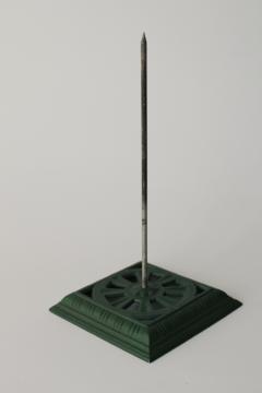 catalog photo of old green metal desk stand paper spindle, vintage paper spike 