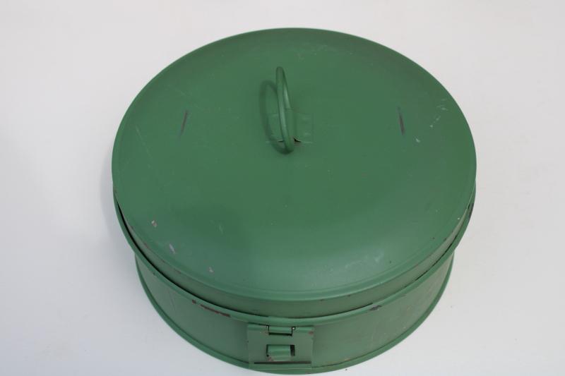 photo of old green painted metal spice box, round tole tin antique vintage apothecary herbs box #2