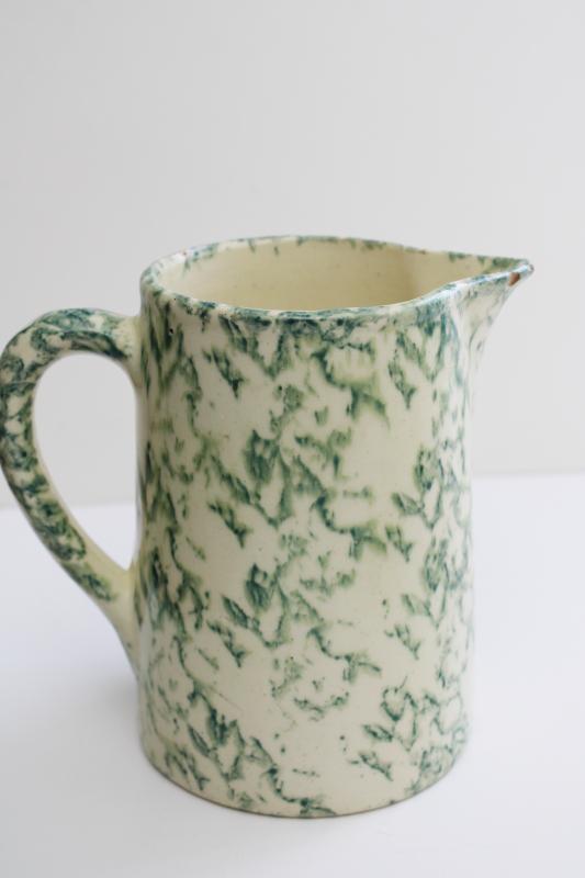 photo of old green spongeware pottery pitcher, early to mid 20th century vintage #1