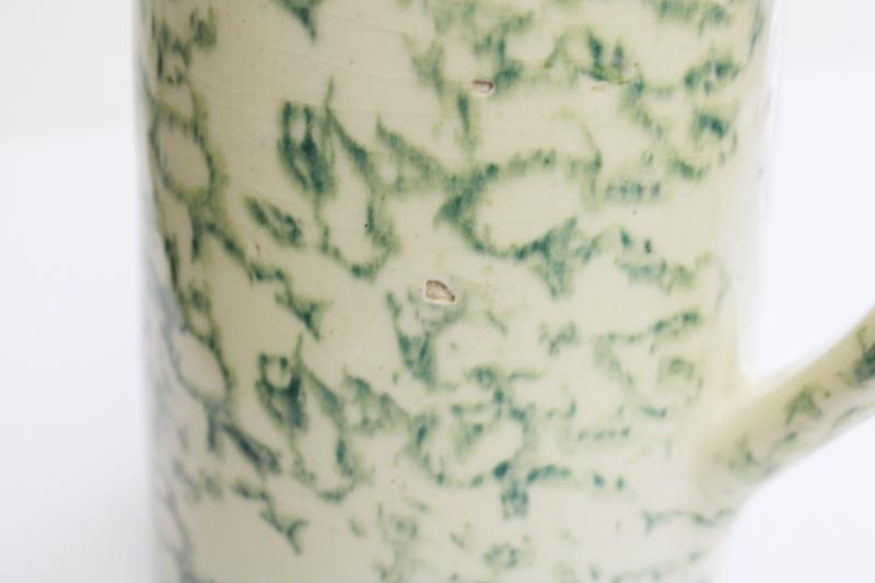 photo of old green spongeware pottery pitcher, early to mid 20th century vintage #6