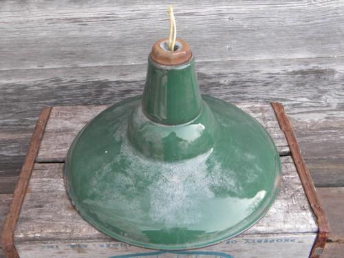 photo of old green/white enamel pendant light, industrial work shop/barn lighting #1