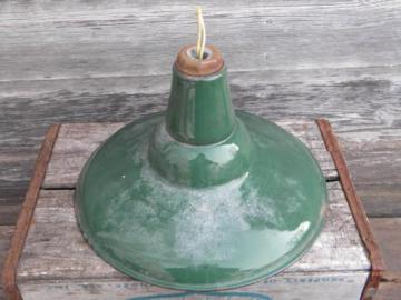 catalog photo of old green/white enamel pendant light, industrial work shop/barn lighting