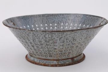 catalog photo of old grey graniteware enamel ware colander basket / strainer, antique kitchen primitive