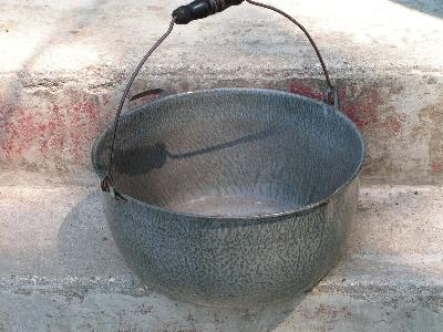 photo of old grey mottled enamel kettle #1