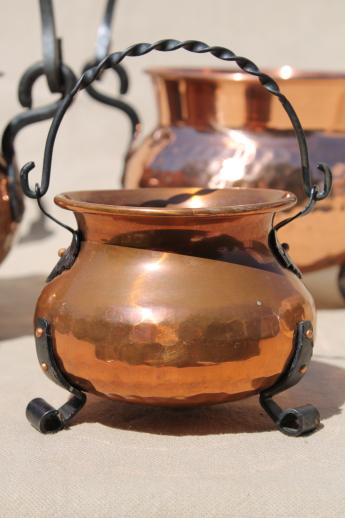 photo of old hammered copper kettles lot, collection of small cauldron pots w/ wrought iron handles #3