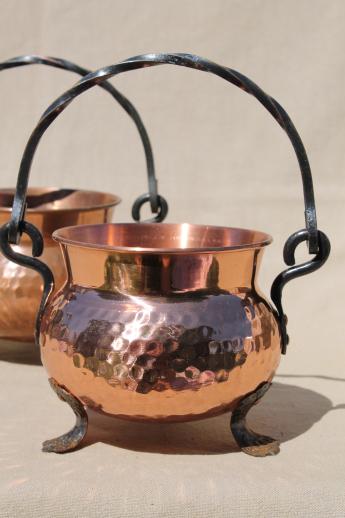 photo of old hammered copper kettles lot, collection of small cauldron pots w/ wrought iron handles #5