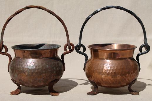 photo of old hammered copper kettles lot, collection of small cauldron pots w/ wrought iron handles #7