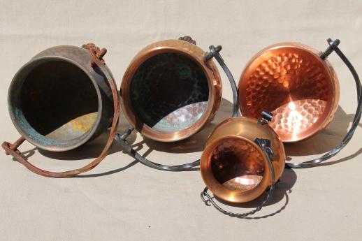 photo of old hammered copper kettles lot, collection of small cauldron pots w/ wrought iron handles #9