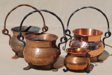 catalog photo of old hammered copper kettles lot, collection of small cauldron pots w/ wrought iron handles