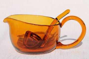 catalog photo of old hand blown amber glass mayonnaise spoon or sauce ladle & pitcher or gravy boat