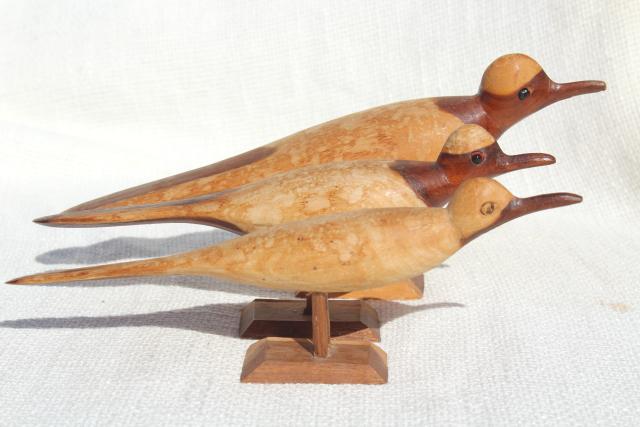 photo of old hand carved wooden birds, wood sandpiper bird family, rustic beach decor #7